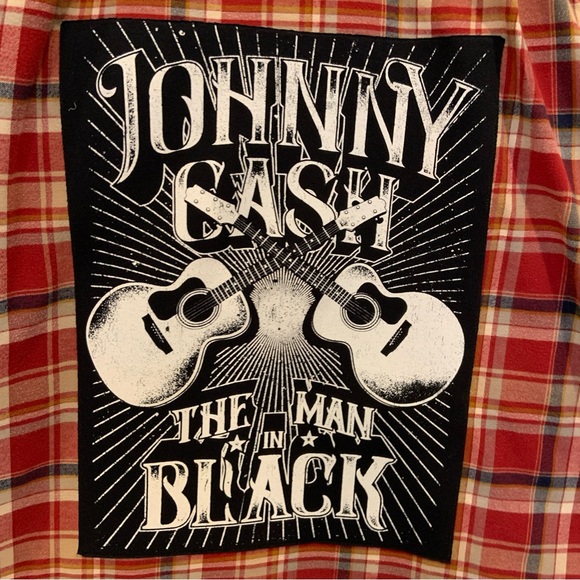 Custom Made Johnny Cash Graphic on Red Plaid Eddie Bauer Flannel Shirt, Sz TL - Picture 2 of 7